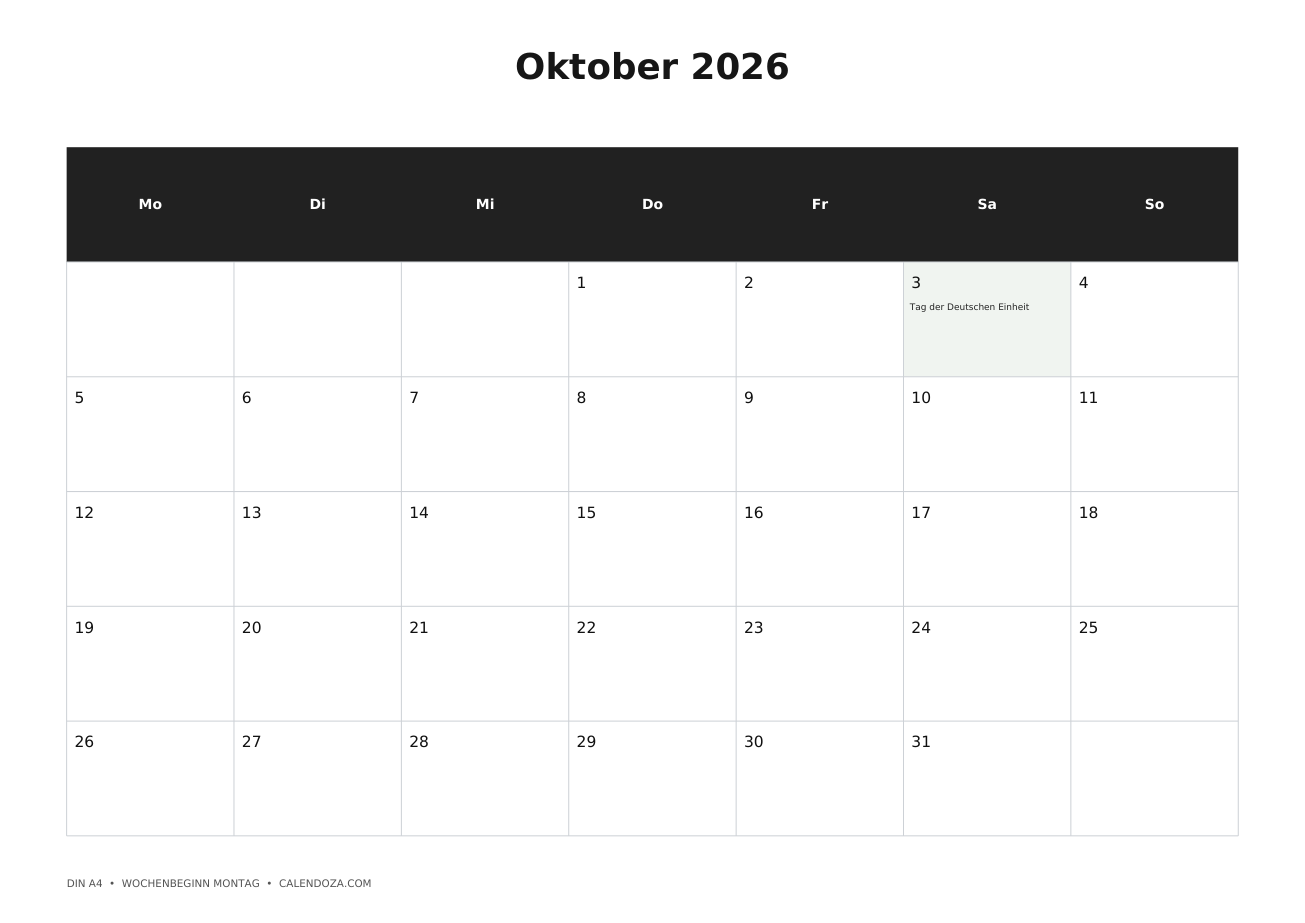 Kalender Oktober 2026 5 Kalender Oktober 2026 Mit Feiertagen als PNG