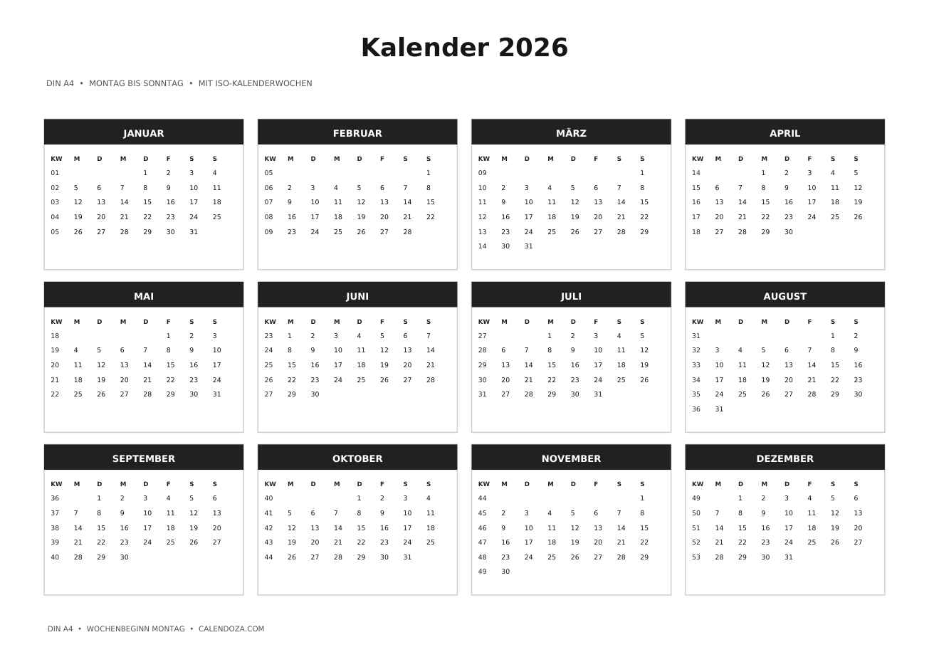 Kalender 2026 mit Kalenderwochen 1 Kalender 2026 mit Kalenderwochen