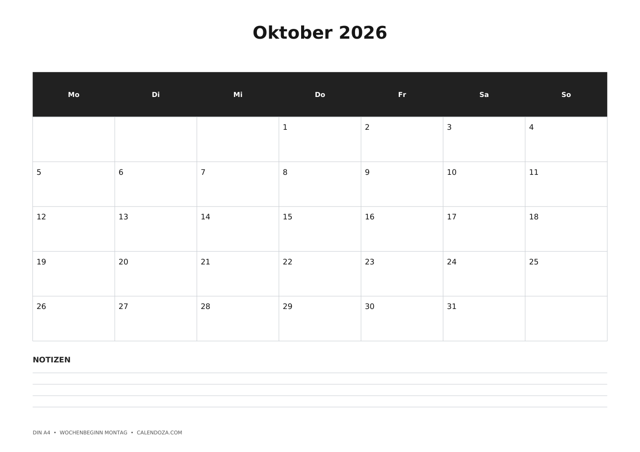 Kalender Oktober 2026 3 Kalender Oktober 2026 Mit Notizen als PNG