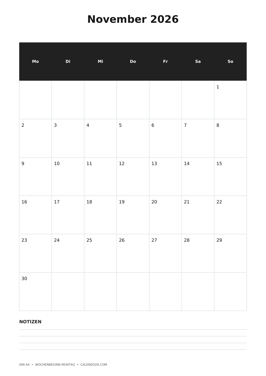 Kalender November 2026 4 Kalender November 2026 Hochformat mit Notizen als PNG