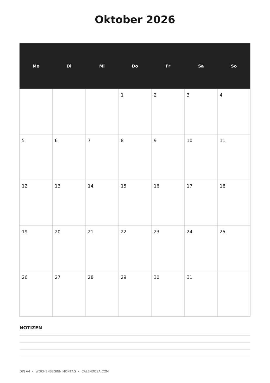 Kalender Oktober 2026 4 Kalender Oktober 2026 Hochformat mit Notizen als PNG