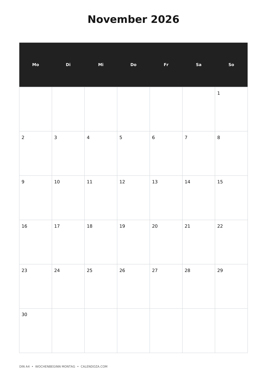 Kalender November 2026 2 Kalender November 2026 Hochformat als PNG