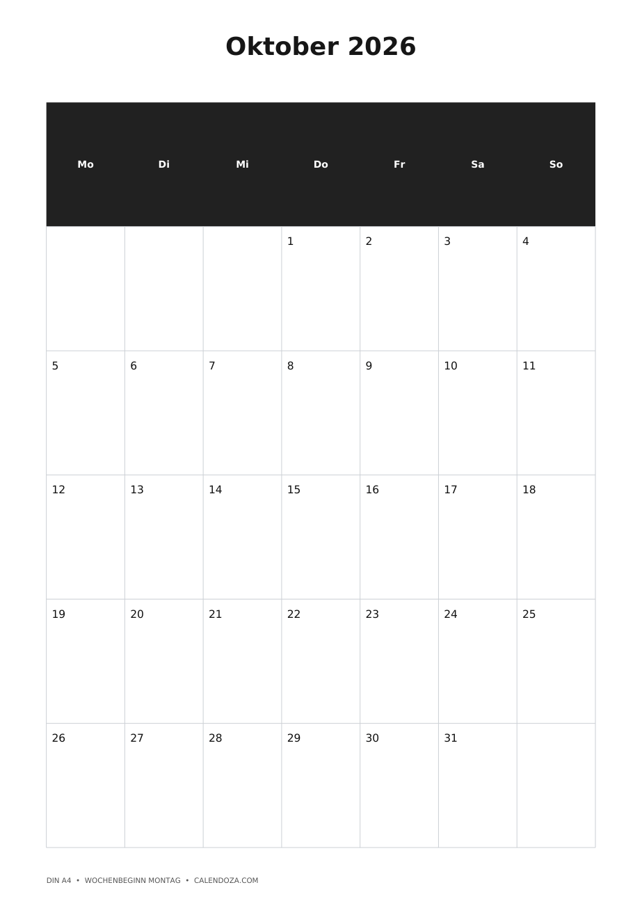 Kalender Oktober 2026 2 Kalender Oktober 2026 Hochformat als PNG