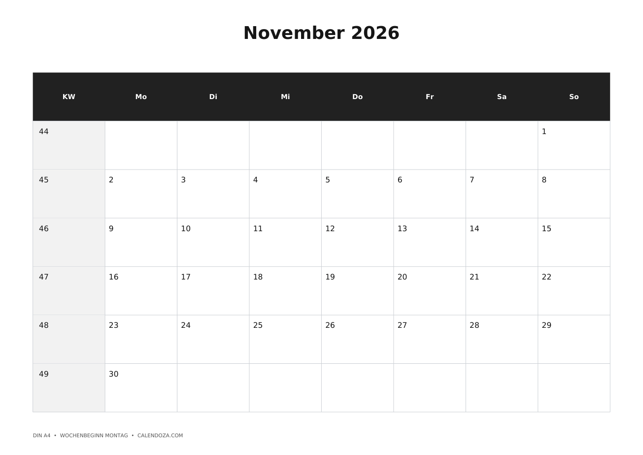 Kalender November 2026 6 Kalender November 2026 Mit Kalenderwochen als PNG