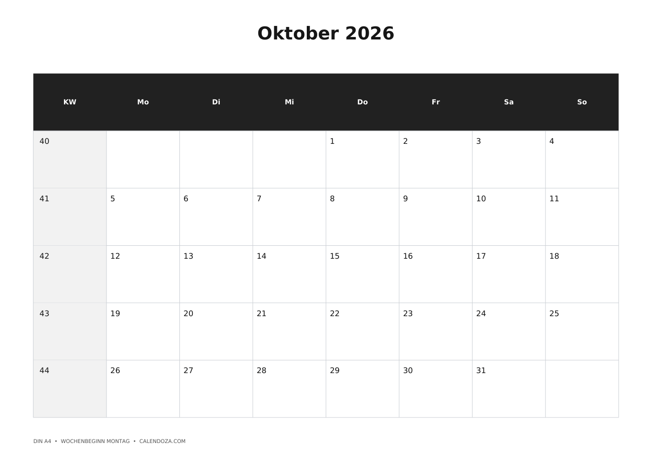 Kalender Oktober 2026 6 Kalender Oktober 2026 Mit Kalenderwochen als PNG