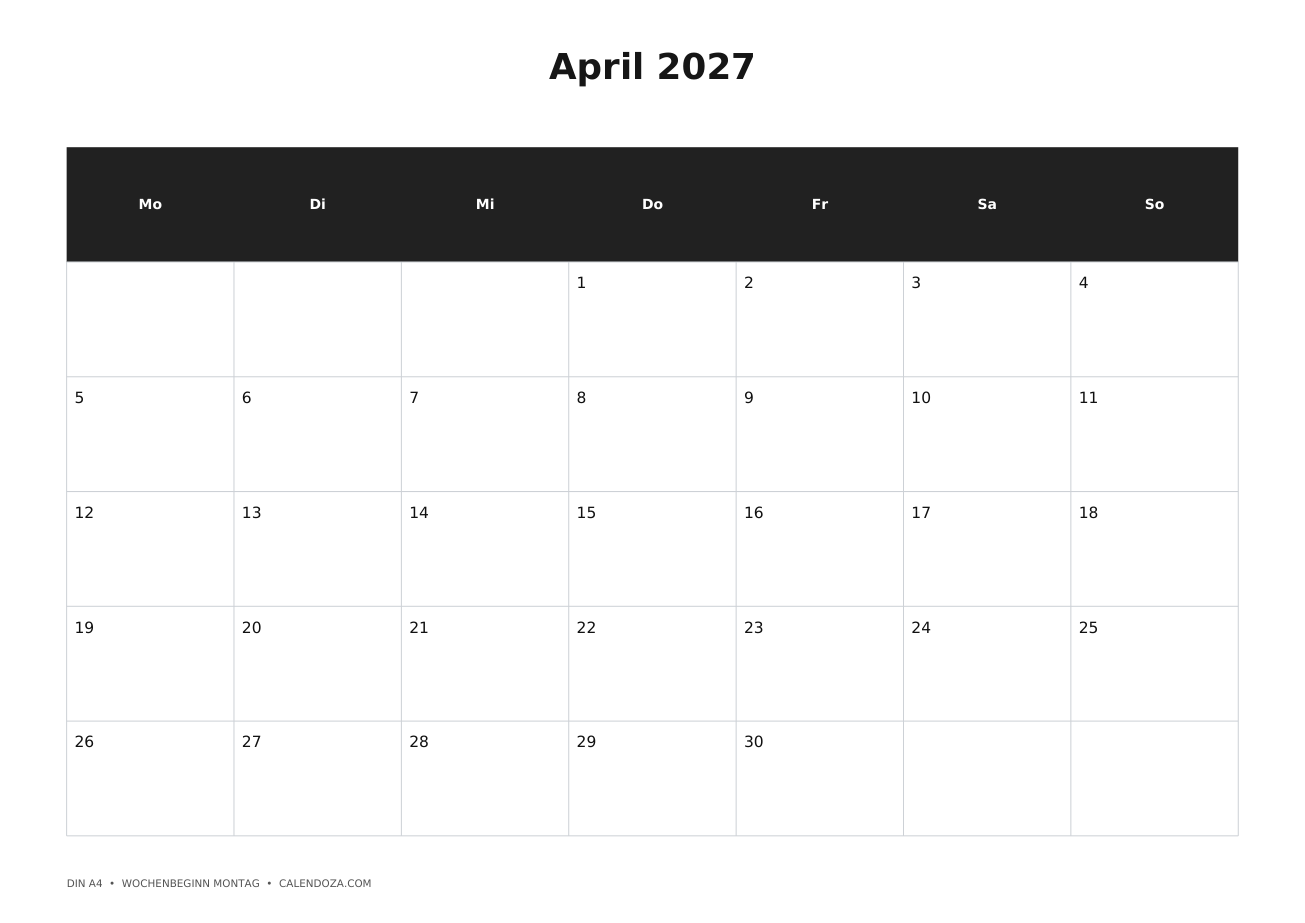 Kalender 2027 5 Kalender April 2027 zum Ausdrucken