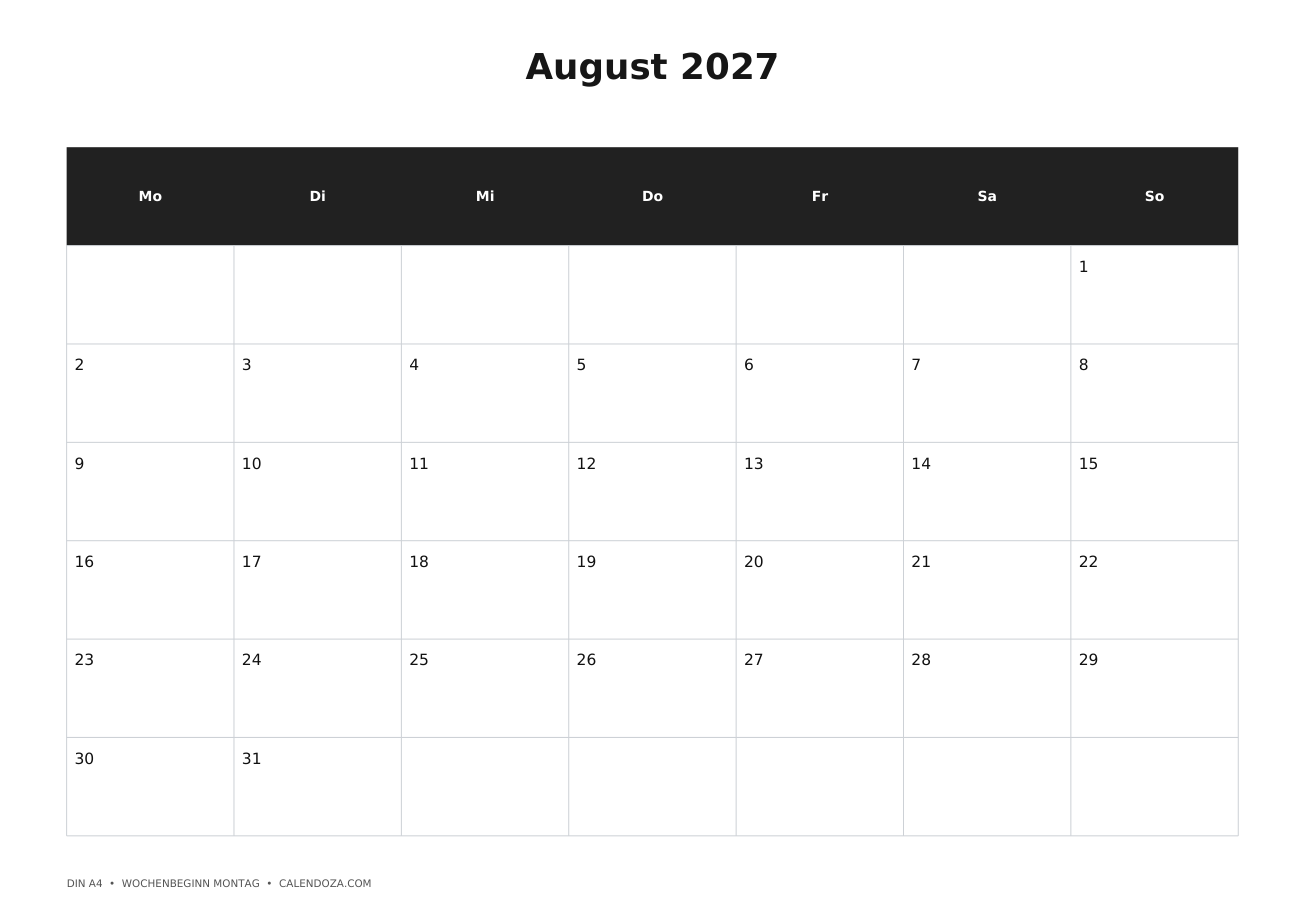 Kalender 2027 9 Kalender August 2027 zum Ausdrucken