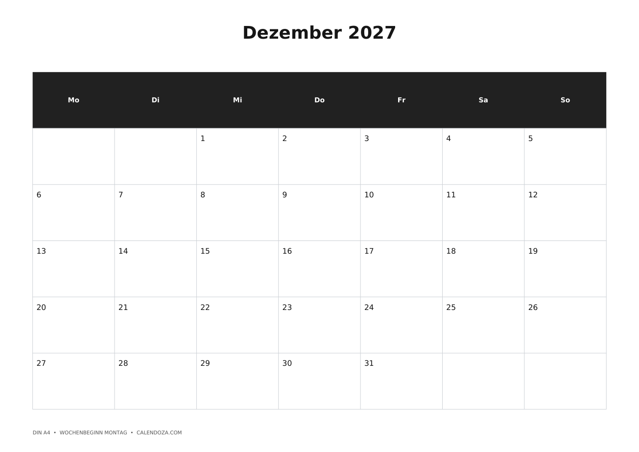 Kalender 2027 13 Kalender Dezember 2027 zum Ausdrucken