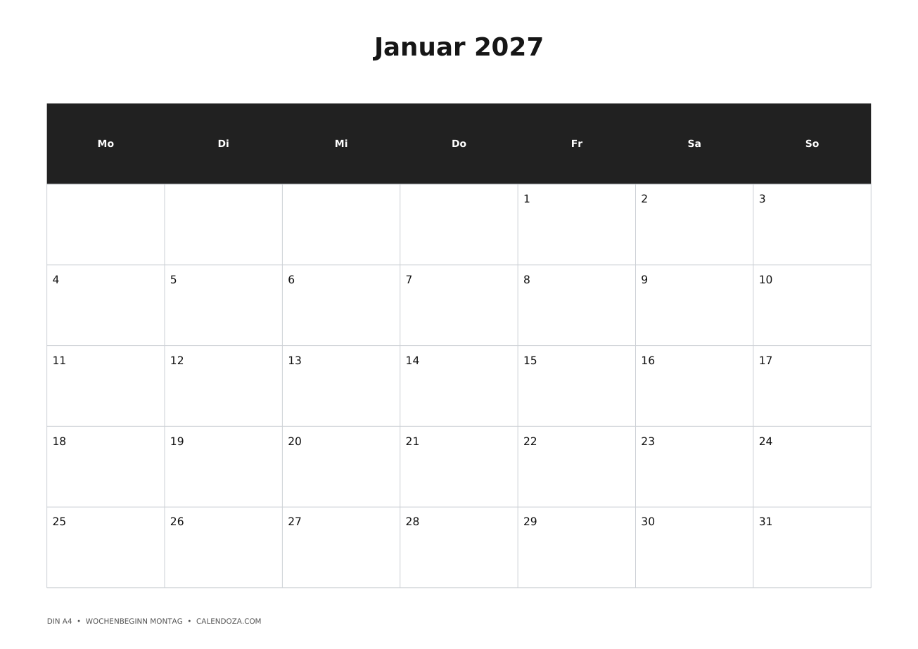 Kalender kostenlos zum Ausdrucken 5 Kalender Januar 2027 zum Ausdrucken