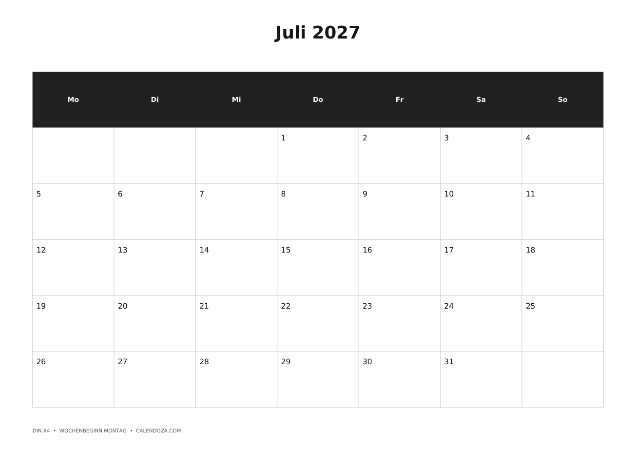 Kalender 2027 8 Kalender Juli 2027 zum Ausdrucken