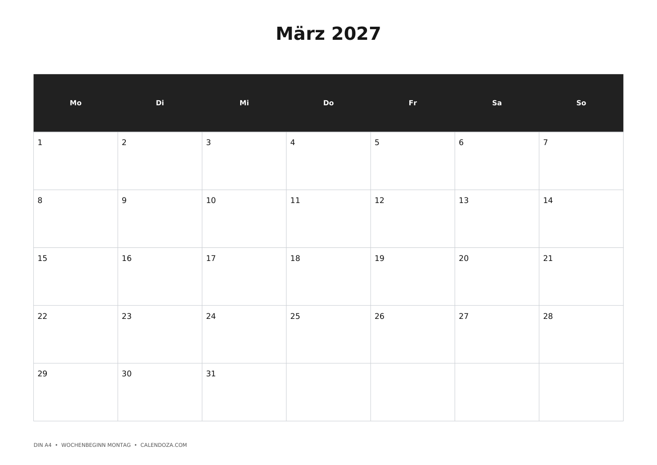 Kalender kostenlos zum Ausdrucken 7 Kalender März 2027 zum Ausdrucken