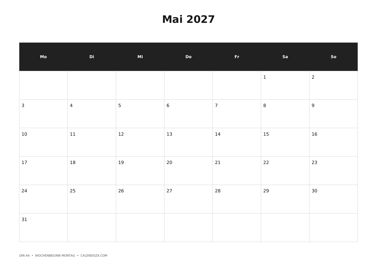 Kalender 2027 6 Kalender Mai 2027 zum Ausdrucken
