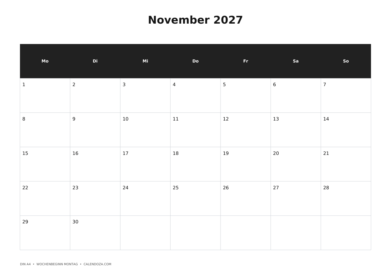 Kalender 2027 12 Kalender November 2027 zum Ausdrucken