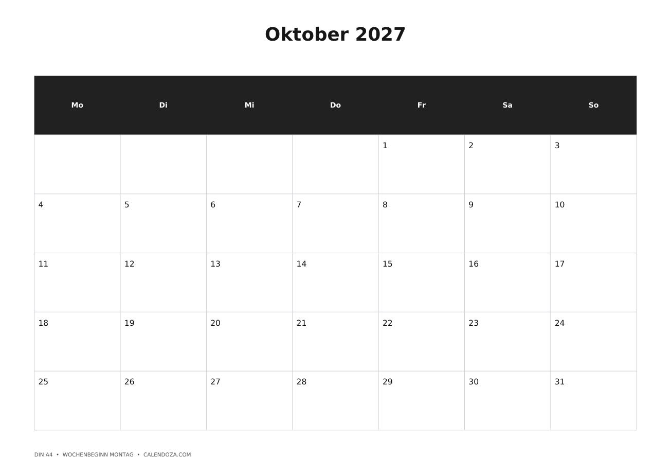 Kalender 2027 11 Kalender Oktober 2027 zum Ausdrucken
