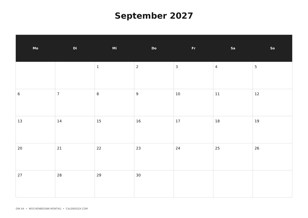 Kalender 2027 10 Kalender September 2027 zum Ausdrucken