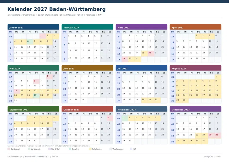 Kalender 2027 Baden-Württemberg: Jahreskalender Querformat