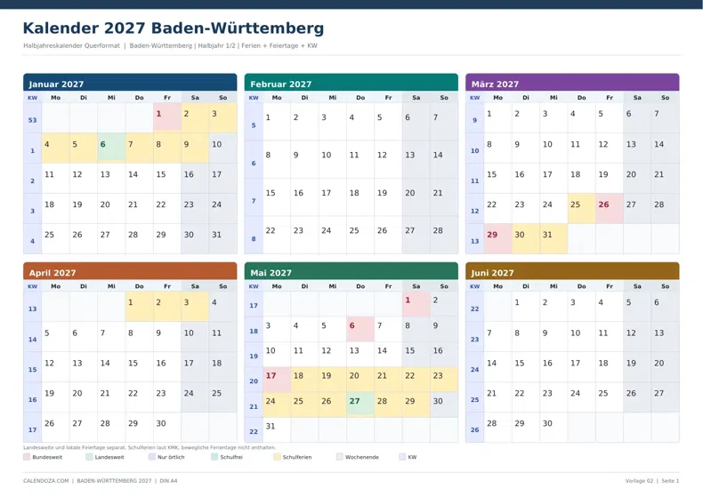 Kalender 2027 Baden-Württemberg: Halbjahreskalender Querformat