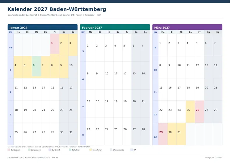 Kalender 2027 Baden-Württemberg: Quartalskalender Querformat