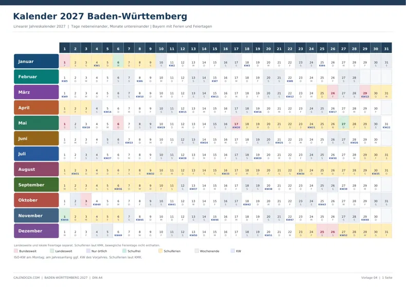 Kalender 2027 Baden-Württemberg: Linearer Jahreskalender