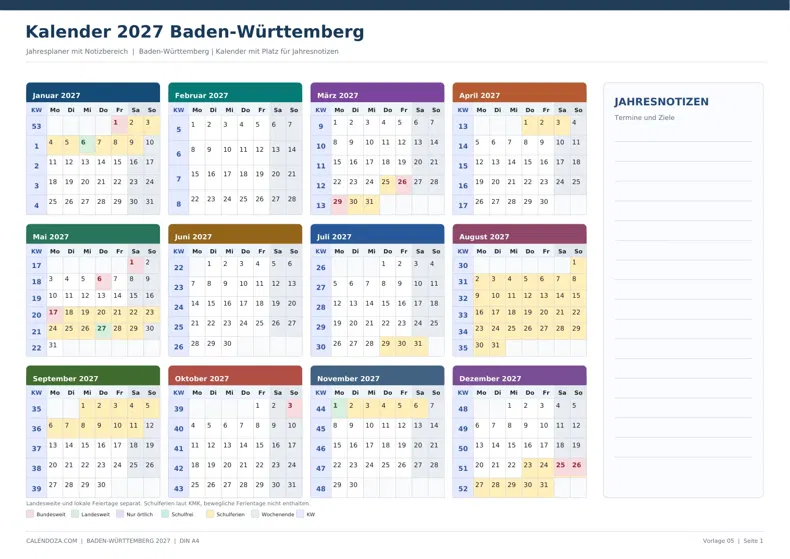 Kalender 2027 Baden-Württemberg: Jahresplaner mit Notizen