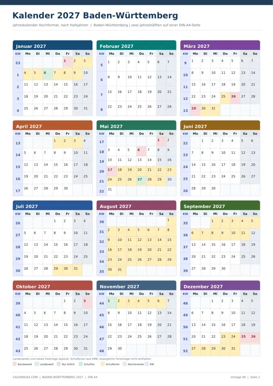 Kalender 2027 Baden-Württemberg: Jahreskalender Hochformat