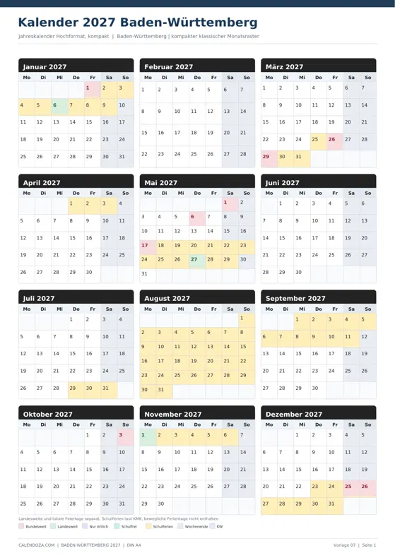 Kalender 2027 Baden-Württemberg: Jahreskalender Hochformat kompakt