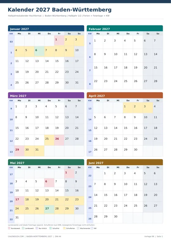 Kalender 2027 Baden-Württemberg: Halbjahreskalender Hochformat