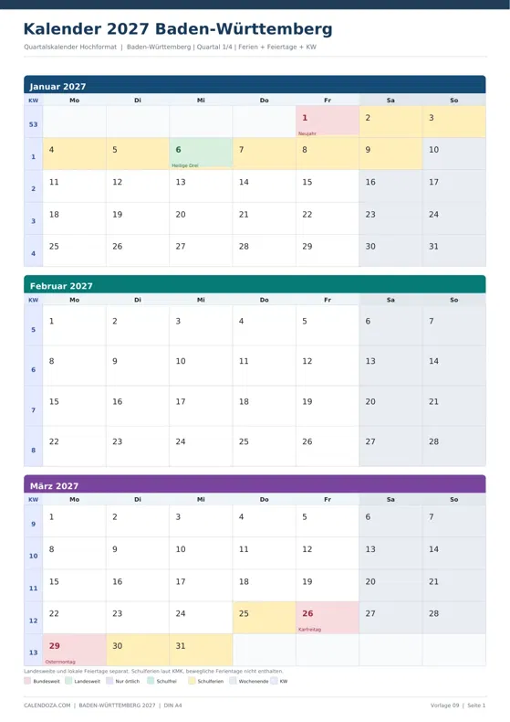 Kalender 2027 Baden-Württemberg: Quartalskalender Hochformat