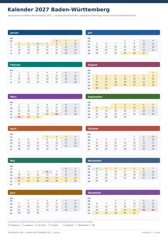 Kalender 2027 Baden-Württemberg: Farbige Jahresübersicht Hochformat