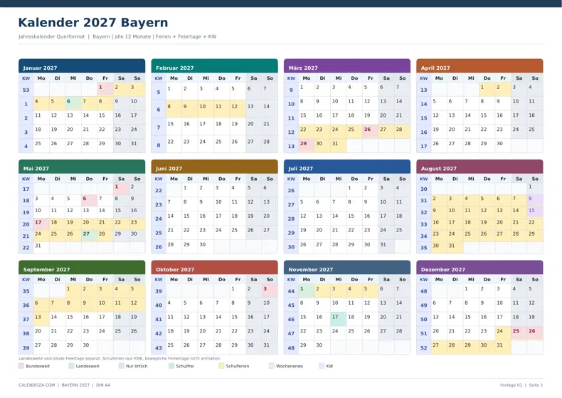Kalender 2027 Bayern: Jahreskalender Querformat