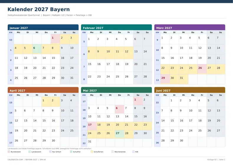 Kalender 2027 Bayern: Halbjahreskalender Querformat