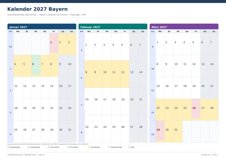 Kalender 2027 Bayern: Quartalskalender Querformat
