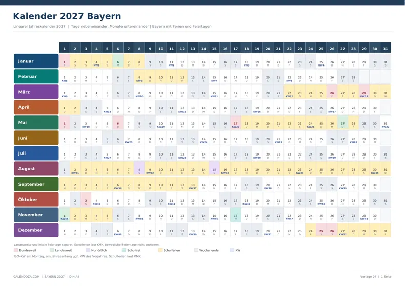 Kalender 2027 Bayern: Linearer Jahreskalender