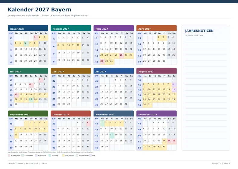 Kalender 2027 Bayern: Jahresplaner mit Notizen