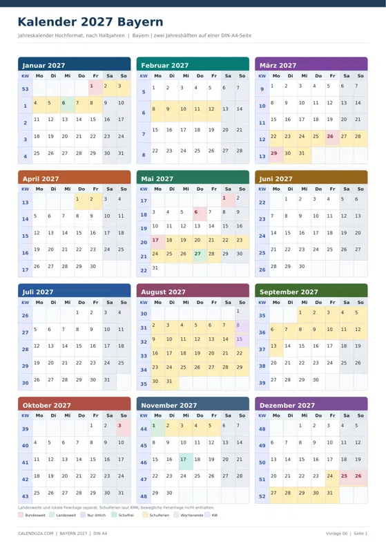 Kalender 2027 Bayern: Jahreskalender Hochformat