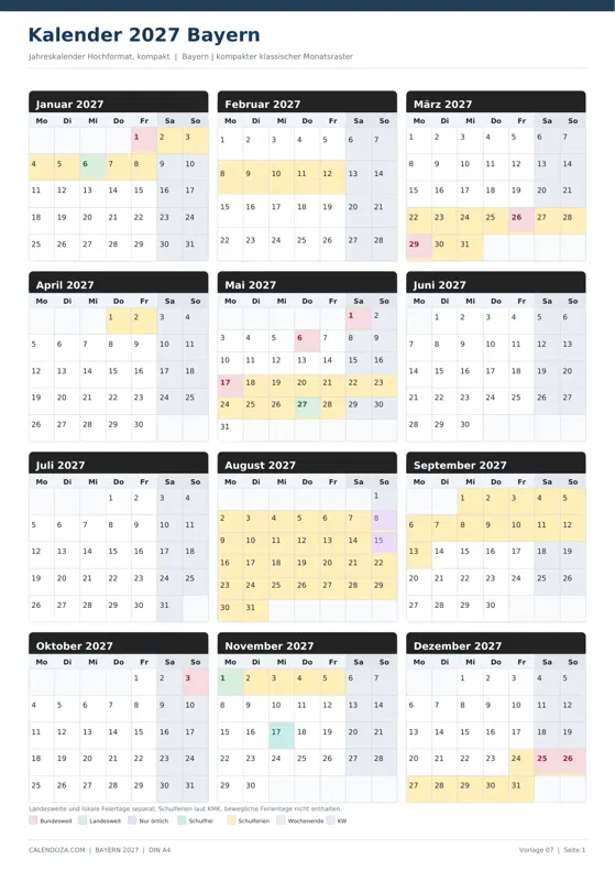 Kalender 2027 Bayern: Jahreskalender Hochformat kompakt