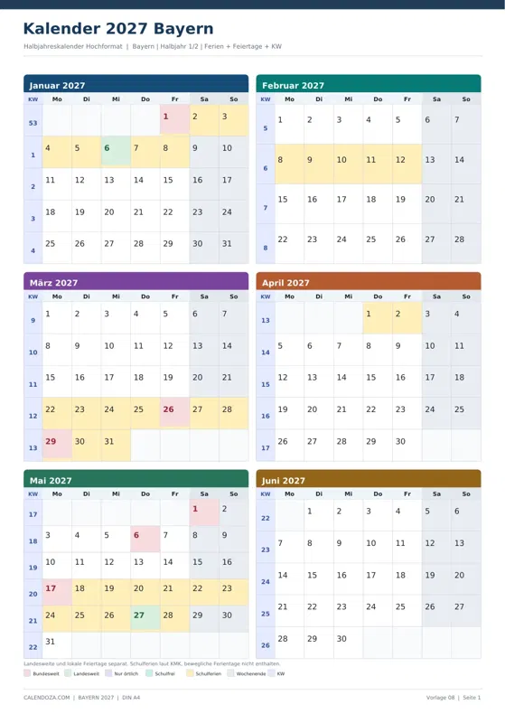 Kalender 2027 Bayern: Halbjahreskalender Hochformat
