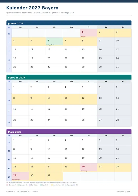 Kalender 2027 Bayern: Quartalskalender Hochformat