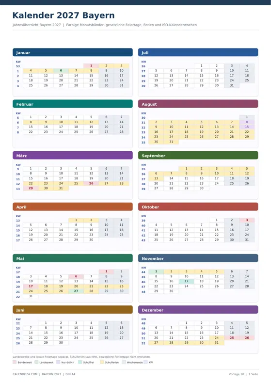Kalender 2027 Bayern: Farbige Jahresübersicht Hochformat