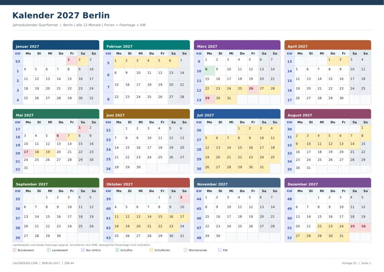 Kalender 2027 Berlin: Jahreskalender Querformat