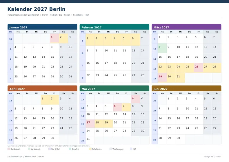 Kalender 2027 Berlin: Halbjahreskalender Querformat