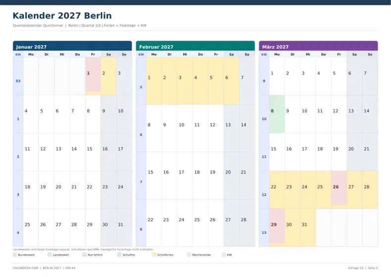 Kalender 2027 Berlin: Quartalskalender Querformat