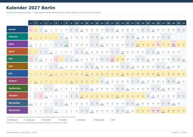 Kalender 2027 Berlin: Linearer Jahreskalender