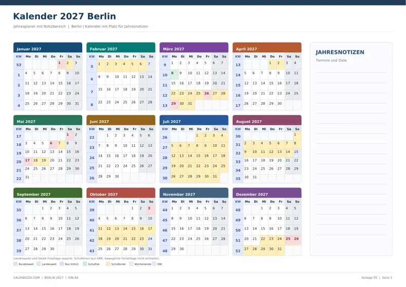 Kalender 2027 Berlin: Jahresplaner mit Notizen