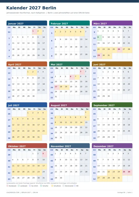 Kalender 2027 Berlin: Jahreskalender Hochformat