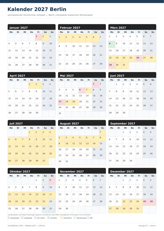 Kalender 2027 Berlin: Jahreskalender Hochformat kompakt