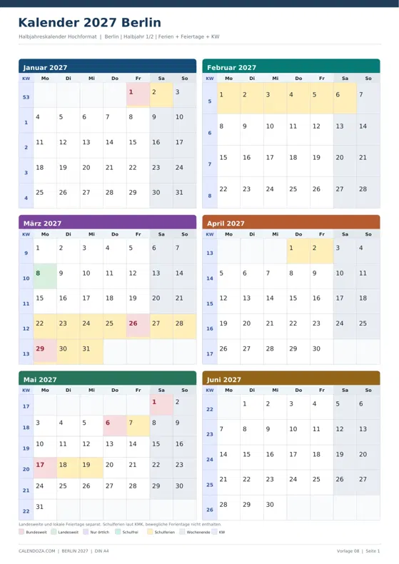 Kalender 2027 Berlin: Halbjahreskalender Hochformat