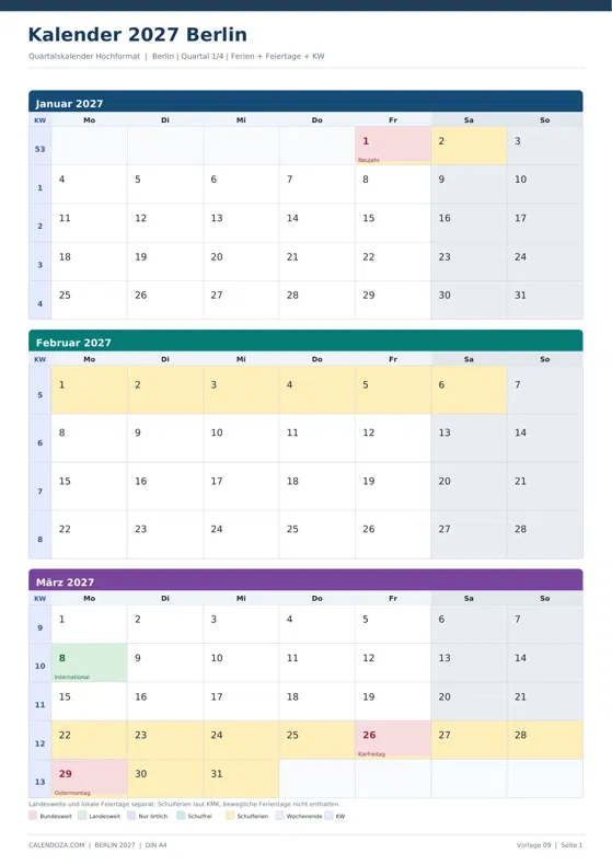 Kalender 2027 Berlin: Quartalskalender Hochformat