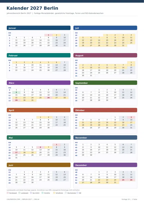 Kalender 2027 Berlin: Farbige Jahresübersicht Hochformat