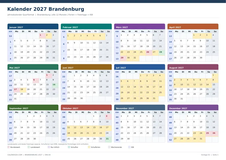 Kalender 2027 Brandenburg: Jahreskalender Querformat